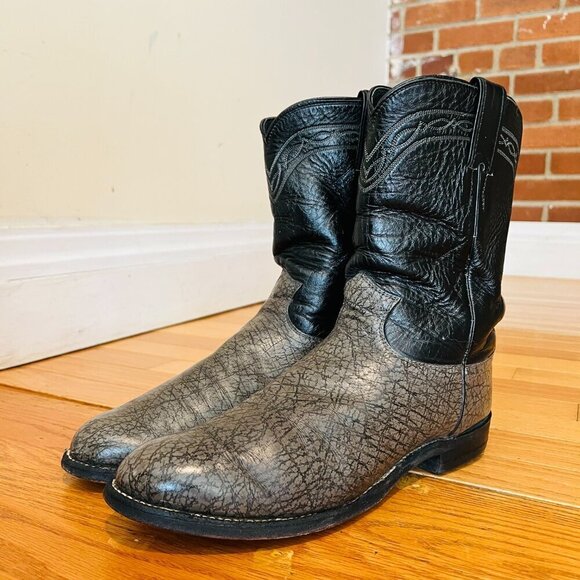 JUSTIN GRAY & BLACK LEATHER ROUND TOE JACKSON ROPER COWBOY BOOTS #3341 MENS 9 D - Picture 1 of 16